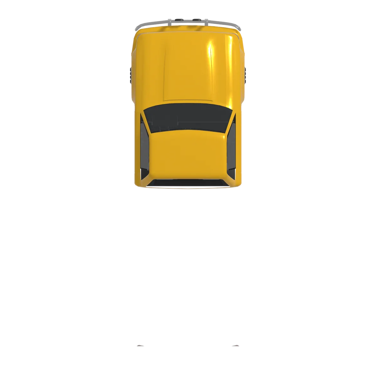 Gold work truck, top-down view, driving up a street